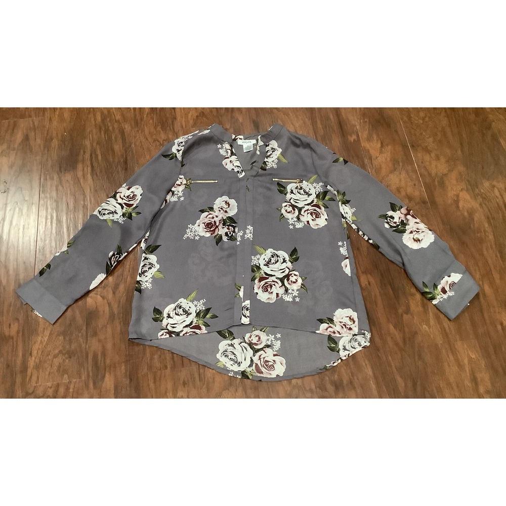 Persaya Floral Print Shirt Top Blouse Zip Pockets Roll Tab Sleeve V-Neck m